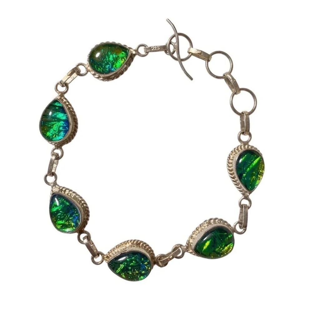 Vtg 925 Sterling‎ Silver Green Dichroic Glass Necklace Bracelet Earrings Set